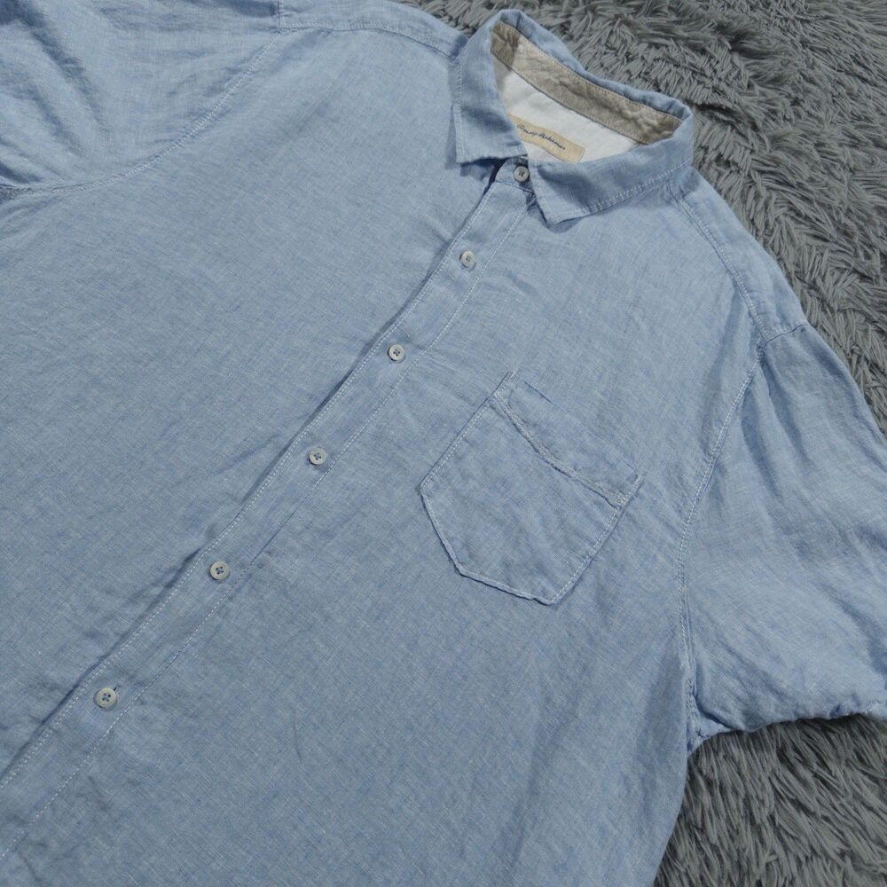 Tommy Bahama Shirt XXL Blue Button Up Linen Chest Pocket Vacation Resort Mens